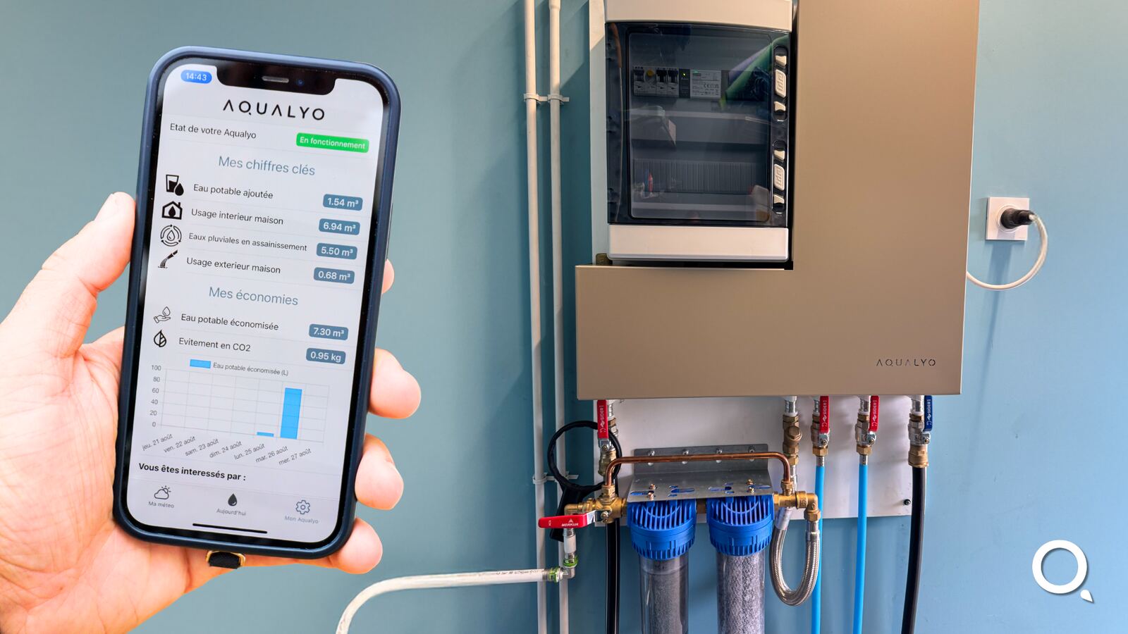 Terrasse Aqualyo qui stocke l’eau de pluie, avec SmartBox et application de pilotage